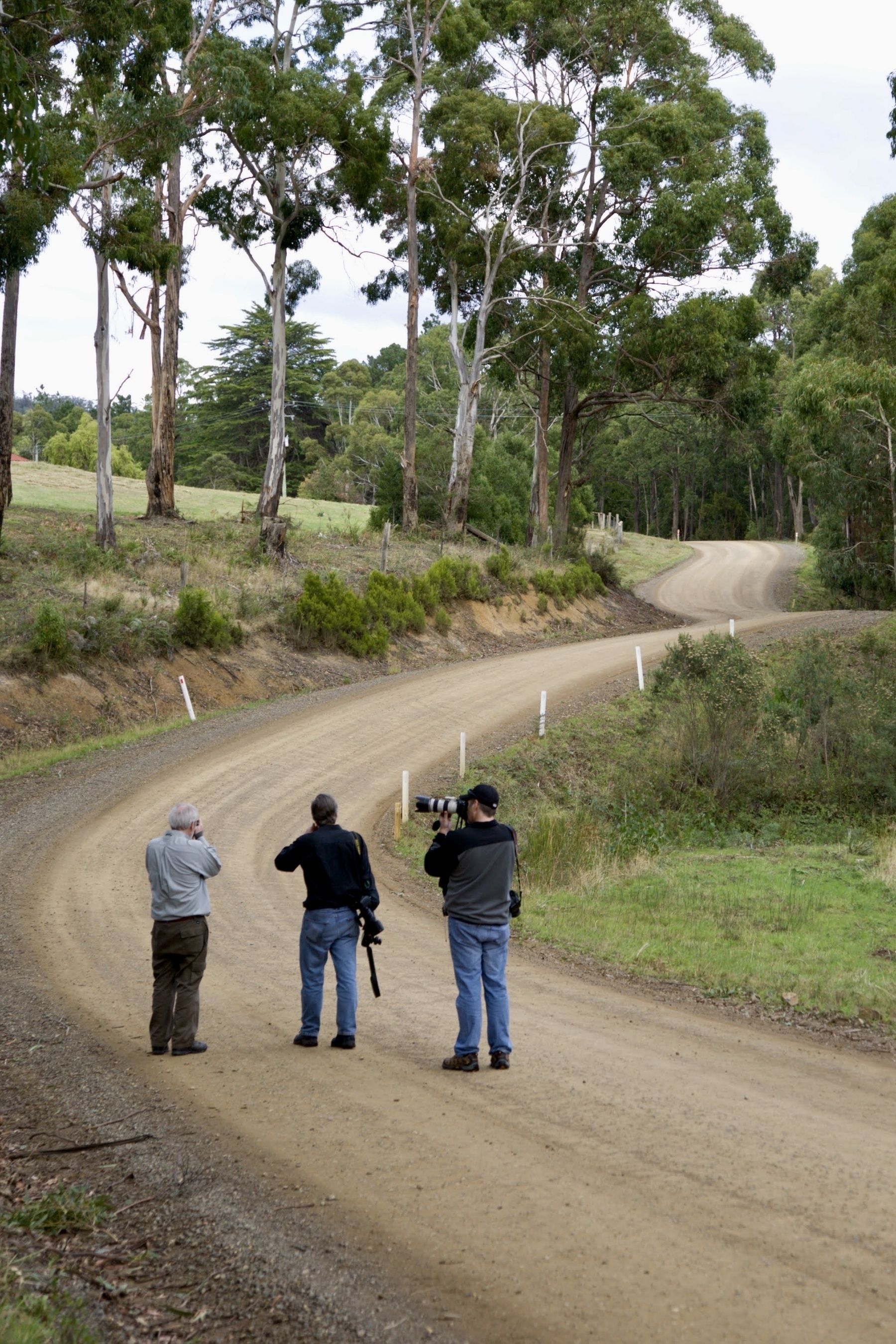 Three photographers travel a winding road.